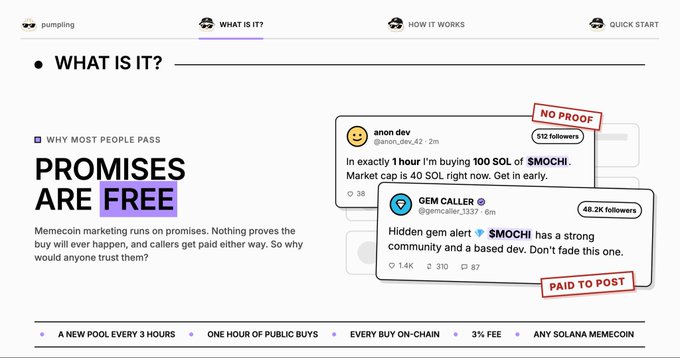 A website section titled "WHAT IS IT?" with text stating "PROMISES ARE FREE" and screenshots of tweets about $MOCHI meme coin, labeled "NO PROOF" and "PAID TO POST".