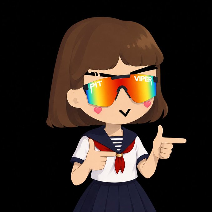 An illustration of an anime-style schoolgirl with brown hair, heart-shaped cheek marks, and rainbow-colored sunglasses labeled 'PIT' and 'VIPER', pointing to her right against a black background.