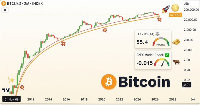 A TradingView chart titled 'BTCUSD 2M INDEX' showing Bitcoin's logarithmic price growth with star icons marking halvings, alongside indicators for LOG RSI at 55.4 and an S2FX Model Check at -0.015.
