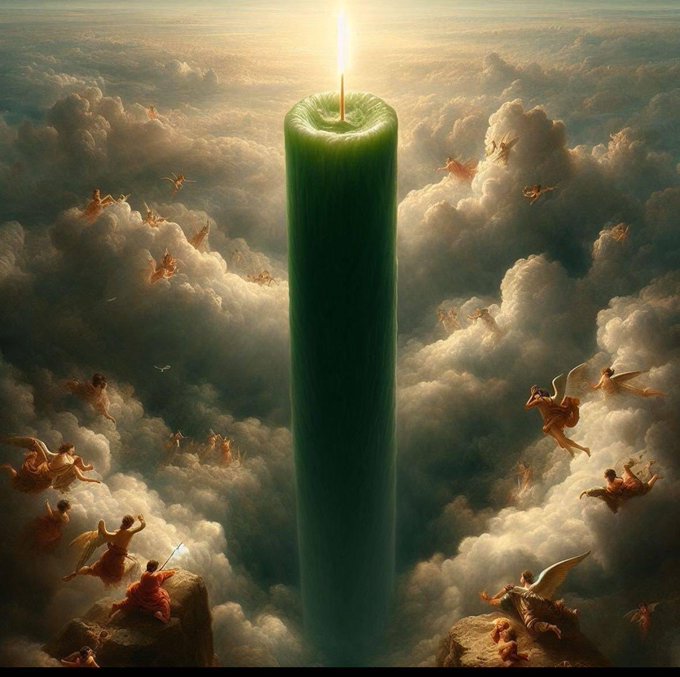 A surreal painting featuring a giant green candle floating among clouds, surrounded by angels flying through a heavenly sky.