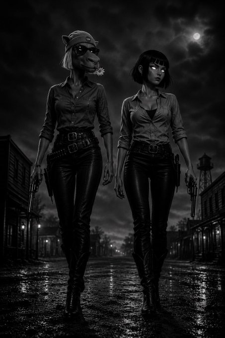 A black and white illustration of two armed female characters in leather pants and button-up shirts walking down a wet street under a moonlit sky, with a water tower in the background.