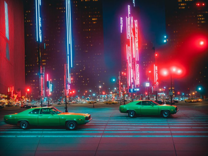 A vibrant, neon-lit retro-futuristic city street at night with two green vintage cars at a crosswalk, glowing pink and red signs (one reading 'EX MACHINA'), and a pink 'LOXY' sign in the background.