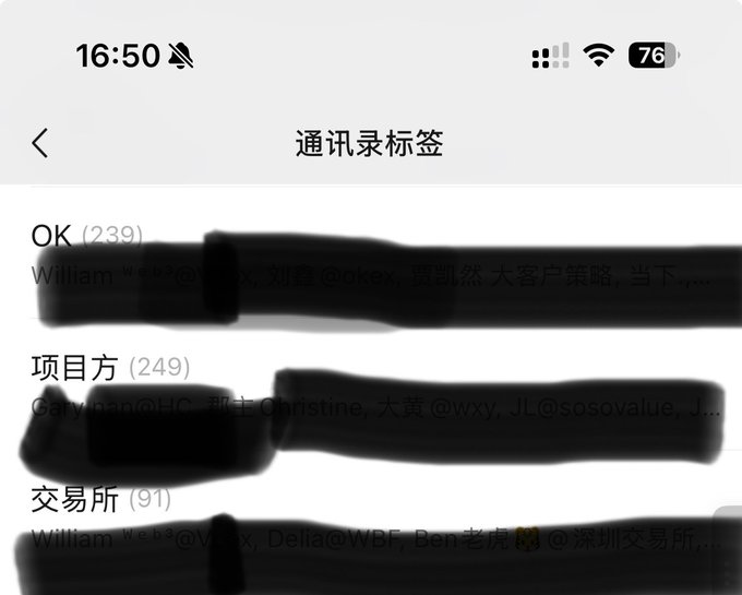 A smartphone screenshot shows a contact label/tag page in Chinese titled "通讯录标签" (Contacts Labels) displaying three categories: OK (239 contacts), 项目方 (Project Side, 249 contacts), and 交易所 (Exchange, 91 contacts), with sensitive contact information blacked out. The image relates to the post by illustrating the user's contact list tagged with "OK"—a label tied to their time working at the crypto exchange OKX, which they mention dedicating their youth to and where their former boss @star_okx still works.