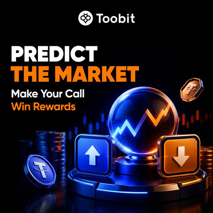 A promotional graphic for 'Toobit' advertising 'PREDICT THE MARKET, Make Your Call, Win Rewards' featuring up/down arrows and a crystal ball with a chart.