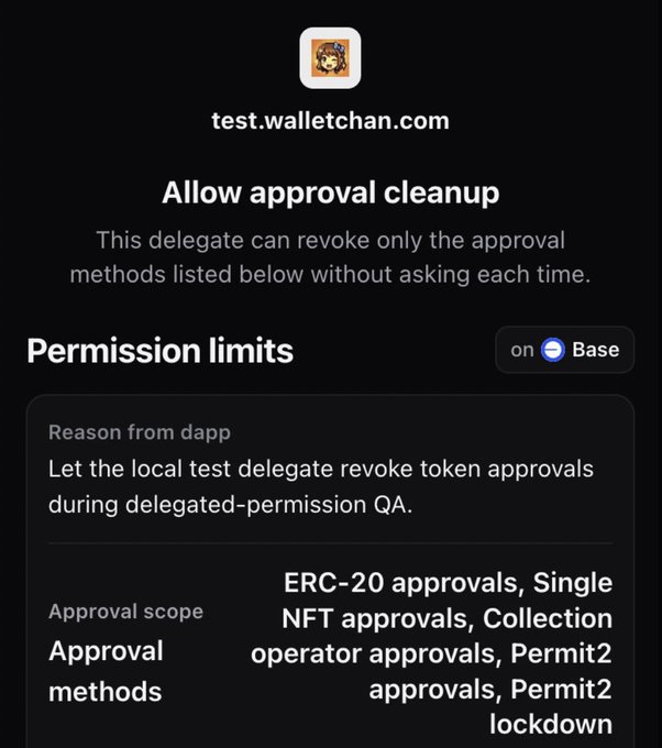 A wallet permission screen from test.walletchan.com requesting 'Allow approval cleanup' on Base network with approval scope covering ERC-20, Single NFT, Collection operator, Permit2 approvals, and Permit2 lockdown.