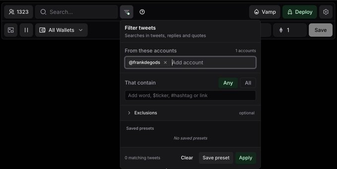 A dark-mode tweet filtering interface on a platform, with the account '@frankdegods' added and an 'Apply' button.