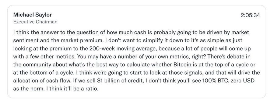 Michael Saylor, Executive Chairman of Strategy, discusses how market sentiment and premium will drive cash flow allocation, implying a shift away from 100% Bitcoin purchases. This statement from Saylor directly relates to the news that Strategy will sell Bitcoin and no longer allocate all new capital to $BTC.