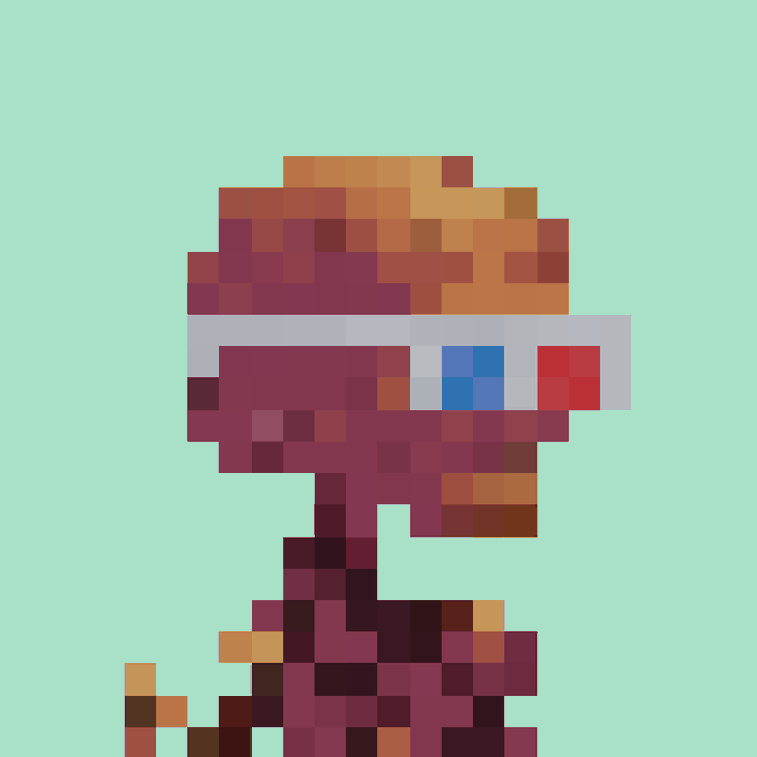 Pixel art of a red/orange character wearing white and blue sunglasses against a mint green background.