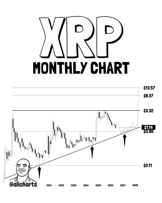 The image features a black and white graphic showing an XRP chart for Bitcoin. A man wearing a hat is positioned above the graph, which displays the price of XRP fluctuating over time. The text at the top of the picture reads "XRP Monthly Chart". Below this, there are dollar symbols representing the value of the XRP currency throughout each month from January to December.