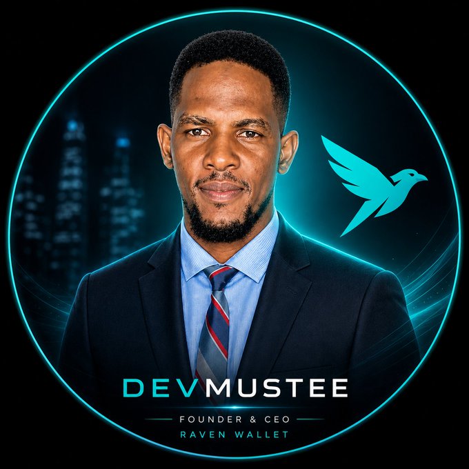 A professional profile image for 'DEVMUSTEE, Founder & CEO of Raven Wallet' shows a man in a suit beside a glowing blue bird/dove logo.