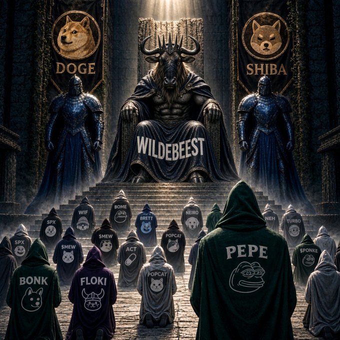 A dark, fantasy-themed digital artwork depicting a crowned deer-like figure on a throne labeled 'WILDEBEEST', flanked by banners reading 'DOGE' and 'SHIBA', with hooded figures wearing cryptocurrency-themed apparel (PEPE, FLOKI, BOME, etc.) gathered before it.
