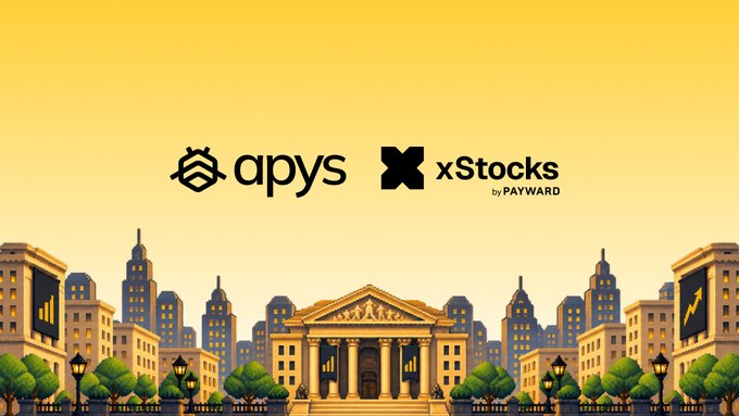 A promotional graphic features the logos of 'apys' and 'xStocks by PAYWARD' set against an illustrated cityscape with a central classical building.