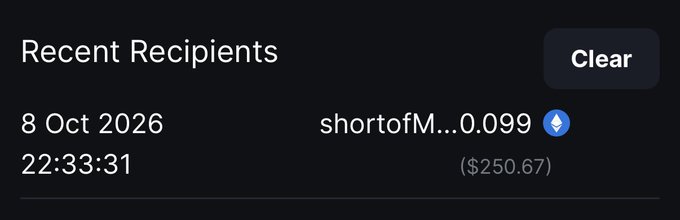 A dark-mode "Recent Recipients" interface displays a single transaction entry dated 8 Oct 2026 at 22:33:31, showing a transfer of $250.67 from the address "shortofM...0.099" (marked with an Ethereum icon), corroborating the $250 prize claim.