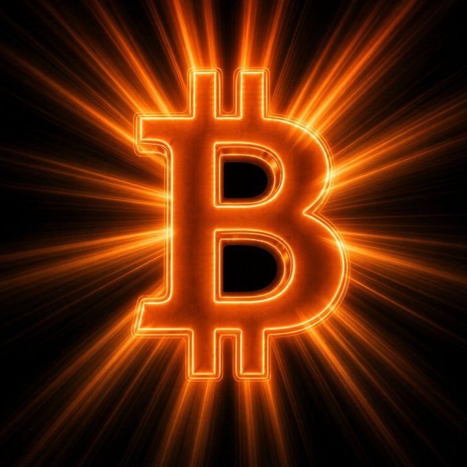A glowing orange Bitcoin symbol radiates bright light against a black background.