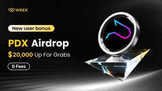 A WEEX promotional advertisement for a 'PDX Airdrop' offering a $20,000 new user bonus with 0 fees.
