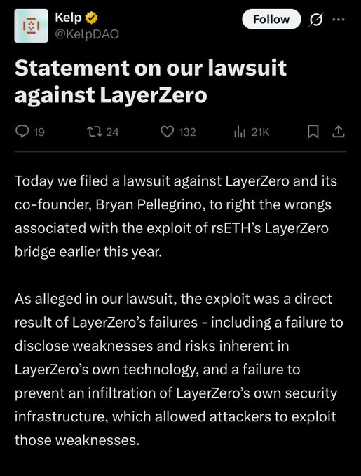 A screenshot of a tweet from Kelp (@KelpDAO) titled 'Statement on our lawsuit against LayerZero', detailing allegations regarding the rsETH's LayerZero bridge exploit.