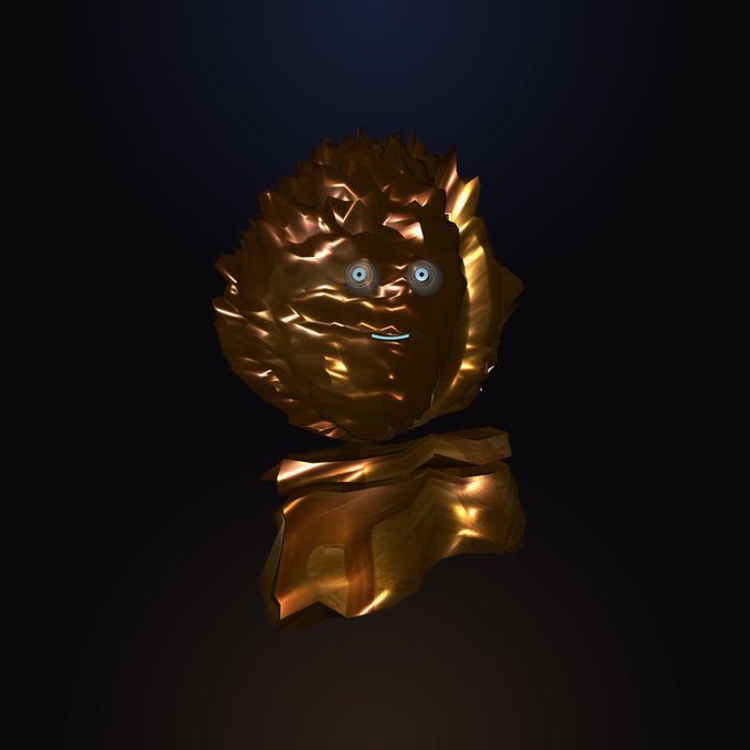 A 3D-rendered, textured gold bust with glowing blue eyes floats against a dark background.