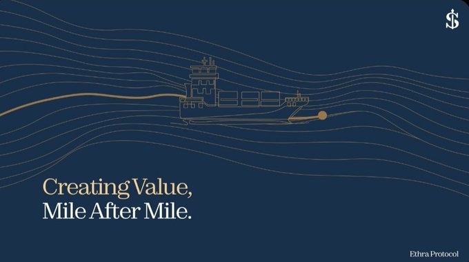 An Ethra Protocol promotional image with 'Creating Value, Mile After Mile,' featuring a minimalist line-art illustration of a ship in golden waves against a navy blue background.