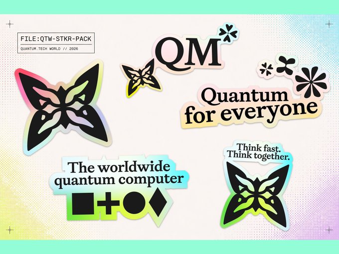 A colorful sticker pack design for 'QM Quantum for everyone' features butterfly shapes and the tagline 'Think fast. Think together.' with quantum computing symbols.