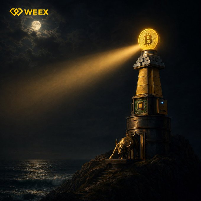 A lighthouse emblazoned with the Bitcoin symbol illuminates a moonlit sea, symbolizing WEEX's role as a guiding beacon for traders navigating the 24/7 crypto markets. The "WEEX" logo in the corner reinforces the tagline "Markets Never Sleep. One WEEX. All Markets."