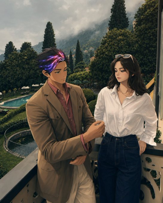 An anime-style illustration depicts a man with colorful purple-streaked hair in a tan jacket standing next to a woman in a white blouse and dark pants on a balcony with mountains and trees in the background.