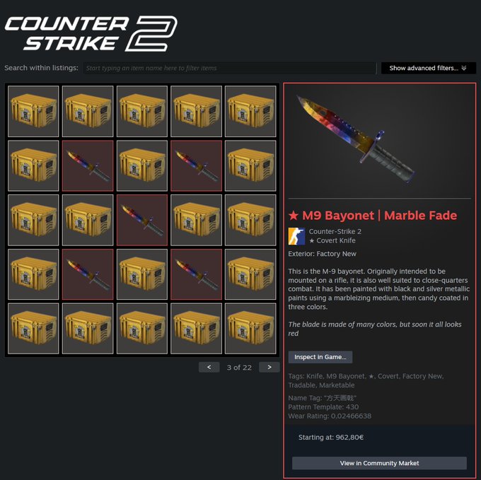 A Counter-Strike 2 inventory page displays a collection of yellow storage crates mixed with multiple M9 Bayonet Marble Fade knives, with one highlighted on the right showing details like "Exterior: Factory New," "Wear Rating: 0.02446638," and a starting price of $962.80, tying into the post's giveaway of 5x $1000 knives where followers could win such items.