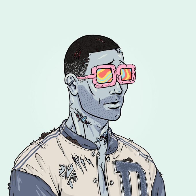 A portrait of a grey-skinned figure with stitches on the neck wearing pink-framed sunglasses reflecting an orange wave pattern and a tattered baseball jersey.