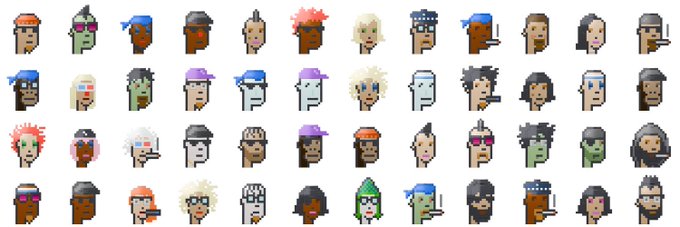 A grid of pixel art character head portraits in the style of CryptoPunks, featuring various hairstyles, headwear, and accessories in different colors.