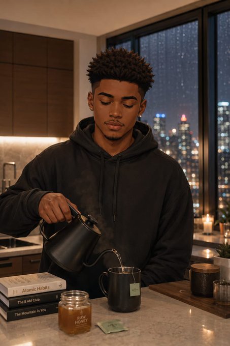 A young man in a black hoodie pours steaming water from a black kettle into a mug at a city-view kitchen counter, with books including 'Atomic Habits' and 'The 5 AM Club' and a jar of raw honey nearby.