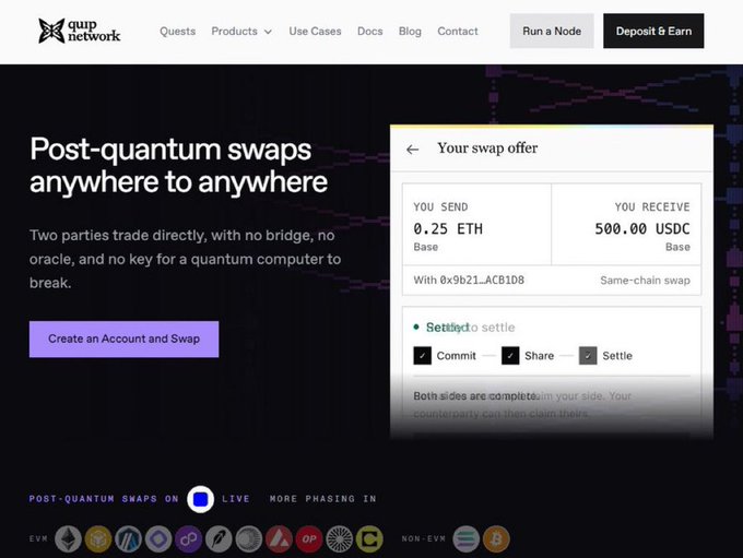 A Quip Network website homepage advertising 'Post-quantum swaps anywhere to anywhere' with details about direct trading without bridges, showing a swap offer of 0.25 ETH for 500.00 USDC.