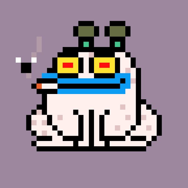 A retro-style pixel art illustration of a white cat wearing goggles and a blue scarf, smoking a cigarette against a solid purple background.