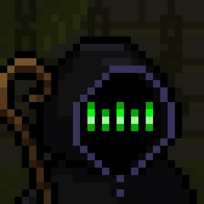 A pixel art image of a dark hooded figure or character with glowing green vertical lines resembling teeth or a face, holding a wooden staff, set in a dark stone-walled environment.