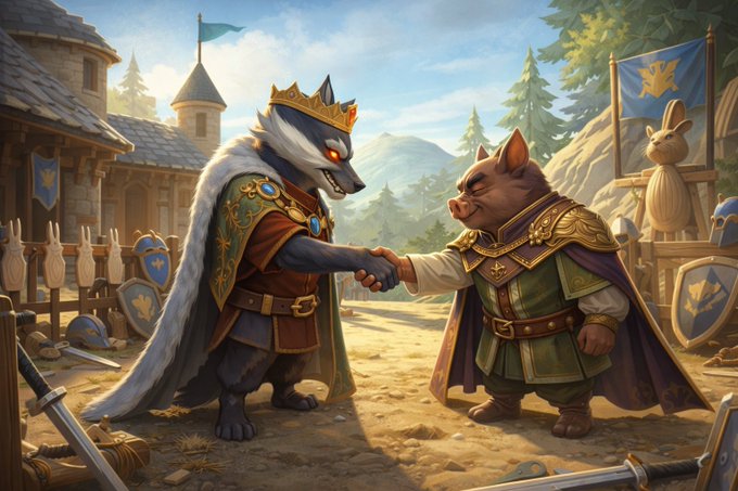 A fantasy illustration shows a crowned wolf king and a crowned pig in royal armor shaking hands in a medieval village setting with banners and shields.