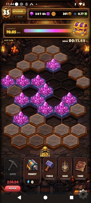 A screenshot of a mining-themed mobile game showing a hexagonal grid with purple crystal nodes, resources counters at the top, and tools like 'AUTO', 'FRENZY', and 'FORGE' at the bottom.