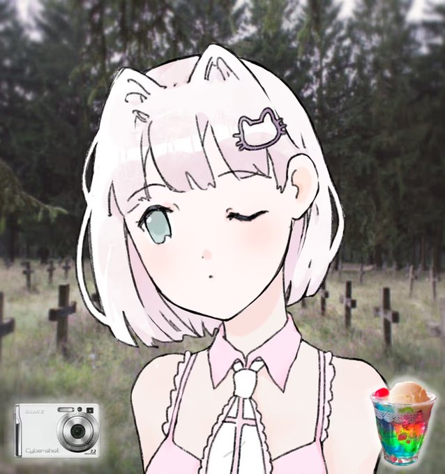 An anime-style character with white hair and a duck hair clip winks, set against a background of a forest graveyard with crosses. The image includes a small camera graphic labeled 'Cuber-shot' and a glass of colorful dessert.