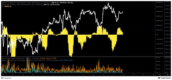 A cryptocurrency trading chart for USD/EUR (XBT/USD) on CryptoQuant displays Bitcoin's spot price alongside stablecoin exchange netflows, with a yellow histogram showing 9698.35 (+18.95) net inflow—visually supporting the post's claim that stablecoin inflows to exchanges remain positive and indicate continued bullish buying interest.