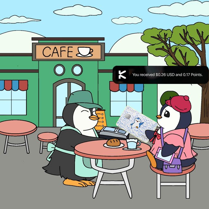The image features two penguins sitting at a table outside of a cafe, with one holding a cupcake while the other holds a piece of paper. The text "KAST" appears multiple times throughout the image, suggesting that this is related to Bitcoin or cryptocurrency. The post also mentions stablecoins and how they can be used globally for spending confidence and enjoying benefits like scale with your membership.