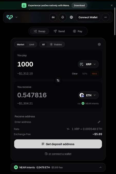 A dark crypto swap interface offers to trade 1000 XRP for approximately 0.547816 ETH, showing a rate of 1 XRP = 0.000548 ETH and a $5.89 exchange fee.