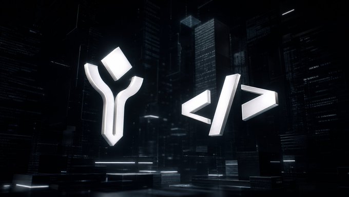 A dark, futuristic cityscape backdrop featuring two glowing metallic cryptocurrency logos: a stylized 'Y' symbol on the left and the <> tag symbol on the right.