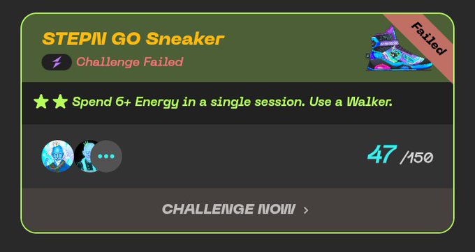 The image shows a text box with an error message that reads "Stepping Up! failed challenge #47". This means that the player has failed a game or task within the "Stepin Go Sneaker" game, likely for not having enough energy in a single session by using a walker. The player's score is 47 points, indicating they have failed the challenge.