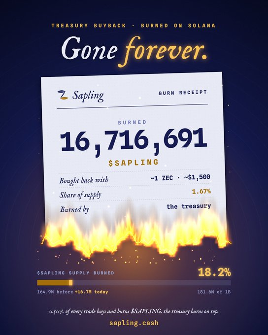 An infographic on a dark blue background reads 'TREASURY BUYBACK · BURNED ON SOLANA' and 'Gone forever.' at the top, showing a 'Sapling BURN RECEIPT' for 16,716,691 $SAPLING tokens (1.67% of supply) being burned by the treasury, with '$SAPLING SUPPLY BURNED 18.2%' displayed below a flame graphic.