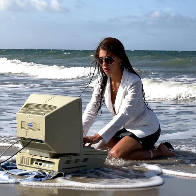 A woman in a white blazer and sunglasses kneels at the ocean's edge, intently working on a vintage beige computer partially submerged in seawater, illustrating the metaphor of encryption as "sunscreen for onchain assets" and Fhenix's new privacy layer protecting data from exposure.

The brand name "fhenix" partially appears on the computer monitor's front panel.