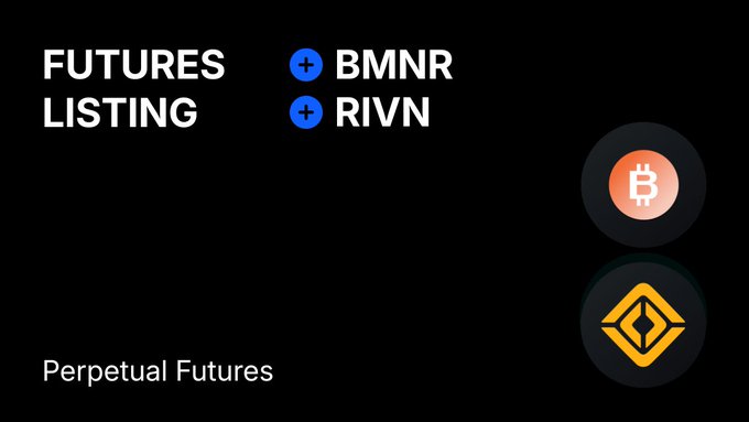 The image shows a black background with white text that reads "Futures listing" followed by blue bullet points explaining the different types of futures contracts available, including Bmbrs, Rivns, and other options. The text also includes a yellow diamond symbolizing the concept of "perpetual Futures".
