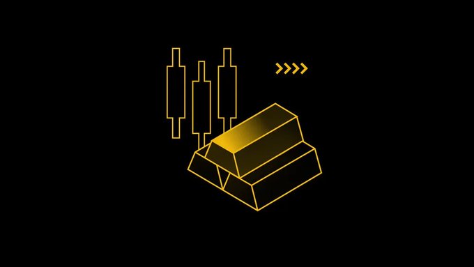 A stylized digital illustration of gold bars with rising candlestick chart lines and arrows on a black background, suggesting financial growth.