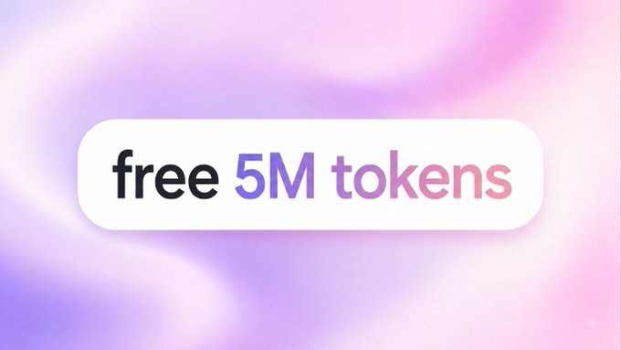 A simple promotional banner displays 'free 5M tokens' in a white rounded rectangle over a soft purple and pink gradient background.