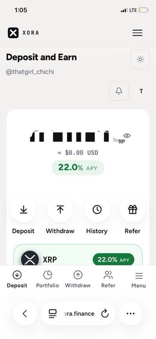 A mobile screenshot of the XORA app displaying a 'Deposit and Earn' page for the account @thatgirl_chichi, showing a balance of approximately $0.00 USD and a 22.0% APY rate for XRP.