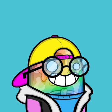 A colorful cartoon character wears a yellow and purple cap, oversized round glasses reflecting light, and has a wide smiling face on a turquoise background.