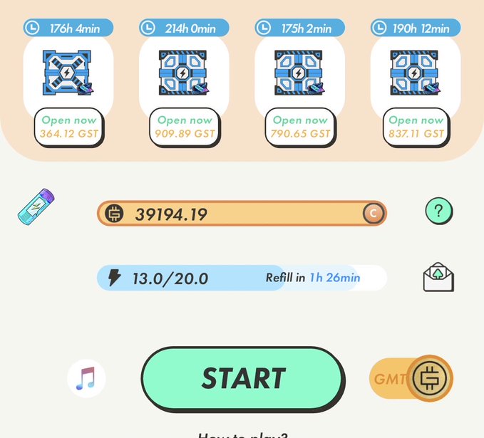 A mobile app interface shows four energy "GMT" token boxes with timers (176h 4min, 214h 0min, 175h 2min, 190h 12min) and costs (364.12, 909.89, 790.65, 837.11 GST), with a balance of 39194.19 GST and 13.0/20.0 energy available, depicting the GMT token rewards display referenced in the post about earning GMT quantities.
