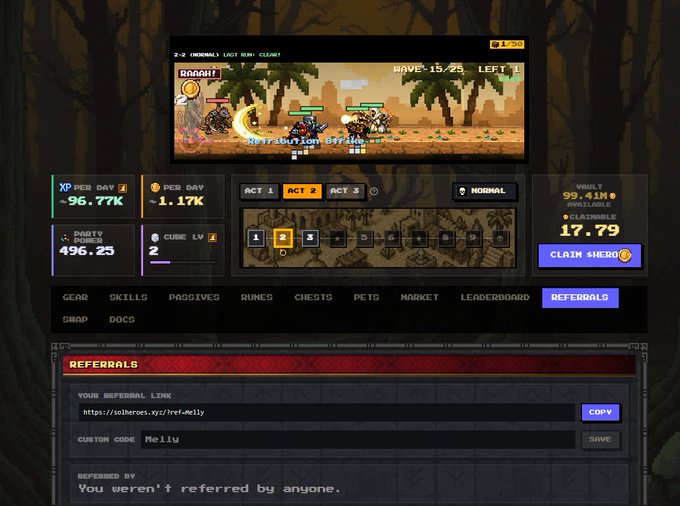 The image shows a screenshot from the SolHeroes idle RPG game interface, displaying the player's stats (XP/DAY: +96.77K, PER DAY: +1.17K, WAVE: 15/25) and a referral code section with the link "solheroes.xyz/?ref=Melly" — the same referral link the user is sharing in their post to help others earn tokens in-game.