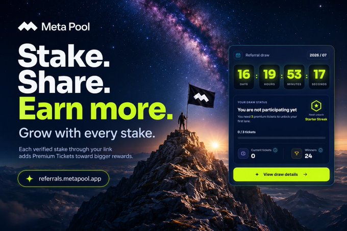 A Meta Pool promotional graphic featuring 'Stake. Share. Earn more.' with a mountain landscape, referral draw countdown timer, and the URL referrals.metapool.app.
